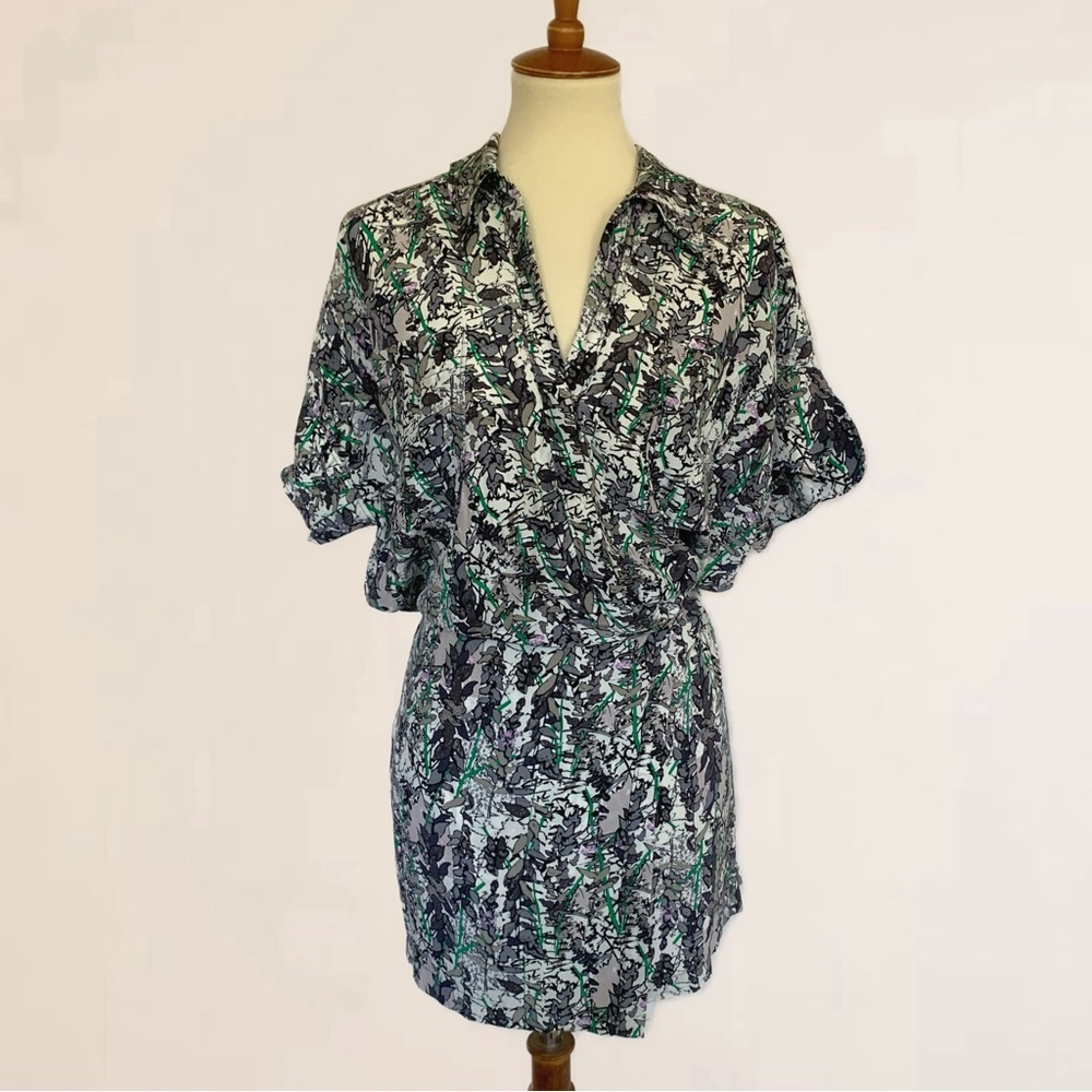 Tracy Reese 100% Silk Print Dress Abstract Leaf Pattern Flitter Sleeve